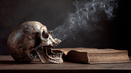Screaming skull isolated on sorcerer's table with magic spell book curse voodoo black magic occult witchcraft wizard Halloween background