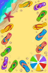 Framed beach vacation background with flip-flops and ball. Vertical layout.
