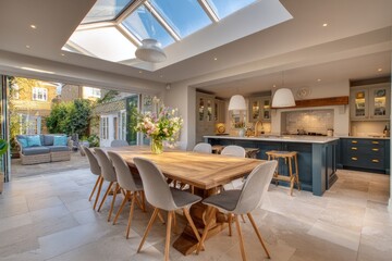 Fototapeta premium Open-plan dining kitchen with garden view. Sunlight streams through a skylight