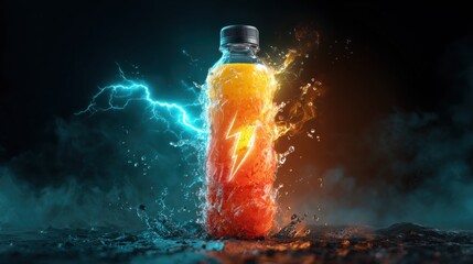 A vibrant bottle of energy drink illuminated by electrifying blue and fiery orange bursts of light and water splashes creating a dynamic and powerful visual effect against a dark smoky background