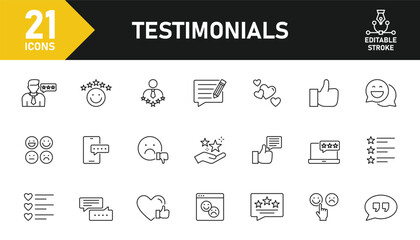 Testimonials line icon set. Set of 21 outline icons related to feedback, review, trust, opinion, customer relationship, like, comment, quote and others. Editable stroke. Vector illustration.
