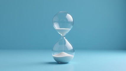 A minimalist image showcasing an empty hourglass with white sand settled at the bottom, on a muted blue background with clean studio lighting., ultra detailed, 8k resolution, HDR, professional