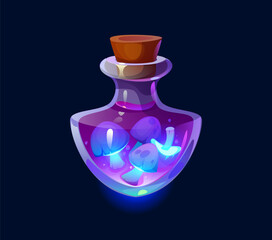 Magic potion bottle for Halloween, luminous mushrooms poison or elixir, cartoon vector. Halloween holiday liquid spell or poison and magic potion glass bottle with glowing toadstool substance drink