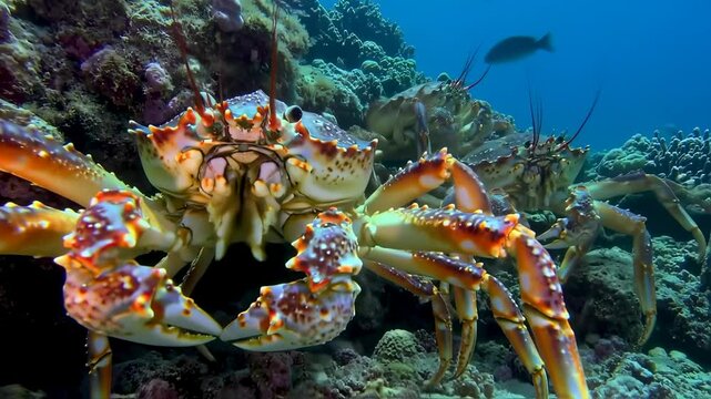 Underwater life: A Group of spiny crabs on the ocean floor habitat in clear blue water