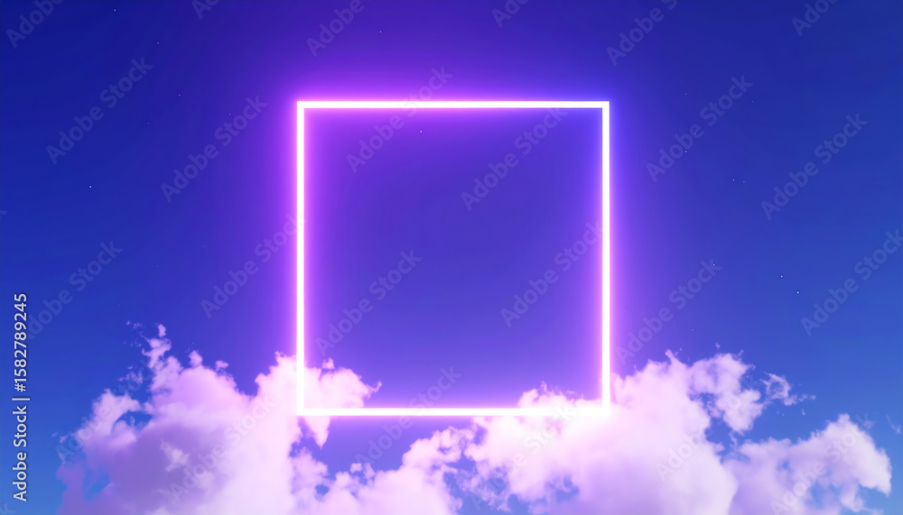 Poster a glowing square frame appears in a blue sky, surrounded by soft clouds, creating a surreal and drea