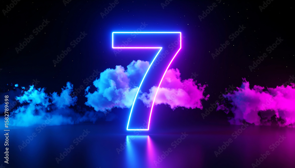 Poster a glowing number seven surrounded by colorful clouds against a dark background, creating a vibrant a
