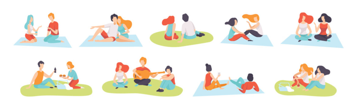 People Character at Picnic in Park Enjoy Summer Vector Set