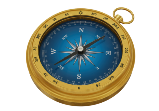 Isolated Detailed Brass Compass with Blue Face