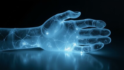Surreal ice-glass hand sculpture resting on a reflective surface, emitting an inner blue glow. Mysterious & ethereal atmosphere., ultra detailed, 8k resolution, HDR, professional