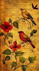 An ornate illuminated manuscript-style border colorful vines birds intricate medieval botanical wildflowers parchment background cottagecore rich colors, fairy-tale feel elegant calligraphy copy space