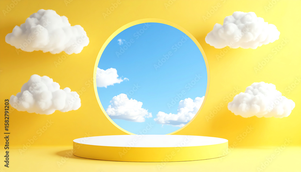 Poster bright yellow backdrop featuring a circular window showcasing a clear blue sky and fluffy clouds, cr