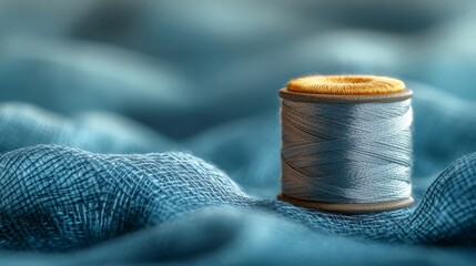 Wooden spool of thread resting on soft blue fabric