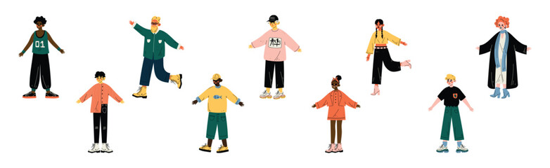 Young Man and Woman Character Standing in Trendy Wear and Fashion Outfit Vector Set