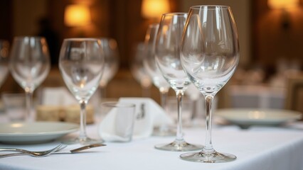 Elegant wine glasses poised on a crisp white tablecloth, bathed in soft light, setting the scene for a sophisticated dinner., ultra detailed, 8k resolution, HDR, professional
