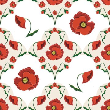 Fototapeta Seamless vector pattern featuring vivid red poppies and green stems arranged in a Moroccan tile motif over a white and cream background. Ideal for fabric, wallpaper, and surface design.