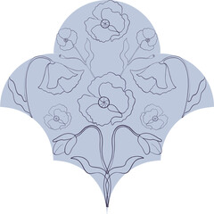 Elegant line art of poppy flowers in a symmetrical ornamental layout on a muted blue background. Perfect for textile, wallpaper, or vintage-inspired design projects.