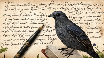 An ornate illuminated manuscript-style raven black bird intricate spooky victorian pen and parchment background cottagecore rich colors fairy-tale feel elegant old fashioned calligraphy copy space