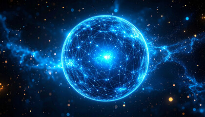 Fototapeta premium Illuminating Digital Sphere: A radiant blue sphere, intricately interconnected with a network of glowing nodes, floats amidst a cosmic background of stars and nebulas.