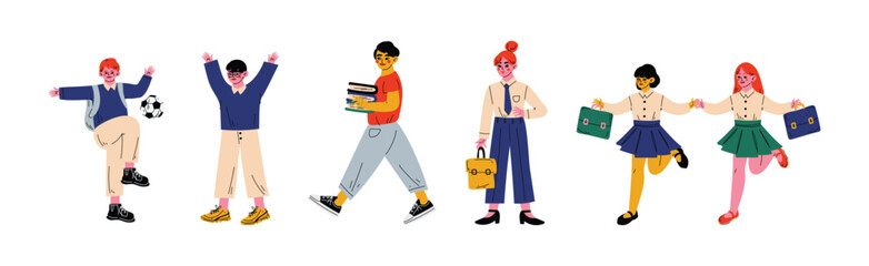 Happy Children with Backpack Going to Elementary or Middle School Vector Set
