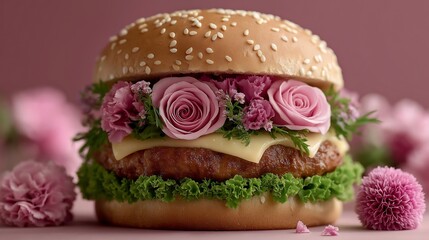 An imaginative burger filled with colorful roses and foliage, substituting traditional ingredients