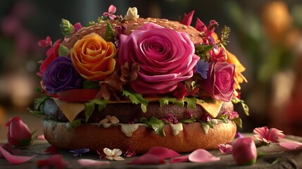 An imaginative burger filled with colorful roses and foliage, substituting traditional ingredients