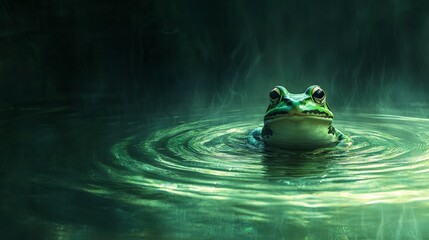 Green frog resting in a mysterious swamp at night