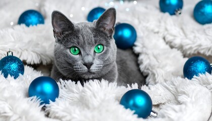 A gray cat with bright green eyes nestled amidst blue Christmas ornaments on white fur