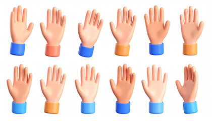 Fototapeta premium A collection of colorful cartoon hands, displayed in various positions and angles, showcasing diverse skin tones and sleeve colors