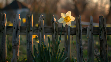 Daffodils and fence, garden, springtime.Sunlit daffodils meadow sunset wood. Sign of spring folliage daffodil day. Spring garden flowers field golden hour background. Spring daffodils in the garden © Taiwo