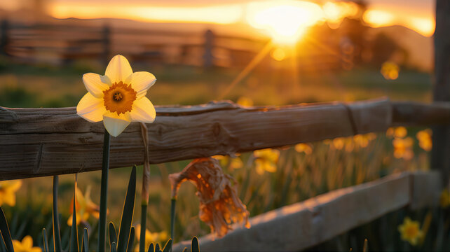 Daffodils and fence, garden, springtime.Sunlit daffodils meadow sunset wood. Sign of spring folliage daffodil day. Spring garden flowers field golden hour background. Spring daffodils in the garden