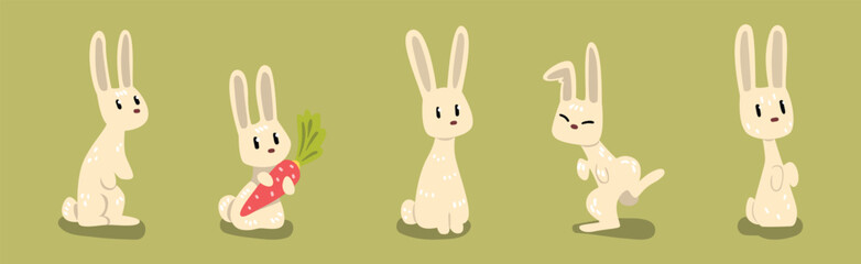 Obraz premium Funny White Bunny on Green Lawn Vector Set