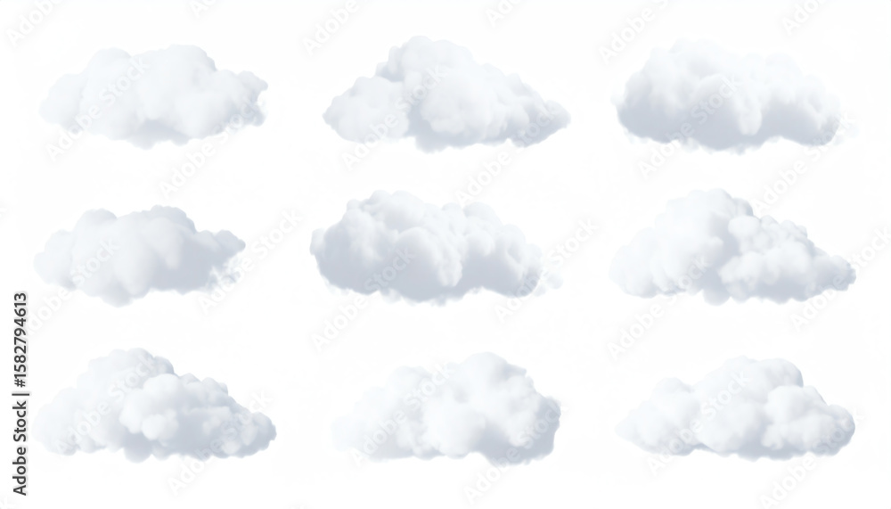 Poster fluffy white clouds arranged in a grid, set against a blank background, creating a serene and airy a
