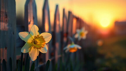 Daffodils and fence, garden, springtime.Sunlit daffodils meadow sunset wood. Sign of spring folliage daffodil day. Spring garden flowers field golden hour background. Spring daffodils in the garden © Taiwo