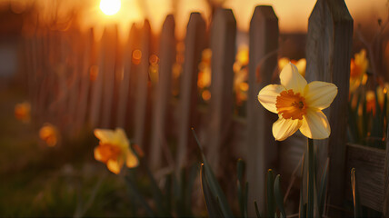 Daffodils and fence, garden, springtime.Sunlit daffodils meadow sunset wood. Sign of spring folliage daffodil day. Spring garden flowers field golden hour background. Spring daffodils in the garden © Taiwo
