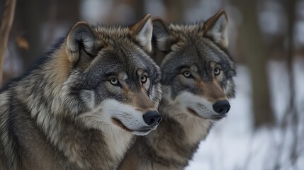 A pair of wolves hunting skillfully in snowy wilderness.