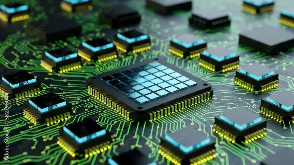 Poster a detailed view of a computer circuit board with a central processing unit, showcasing modern techno