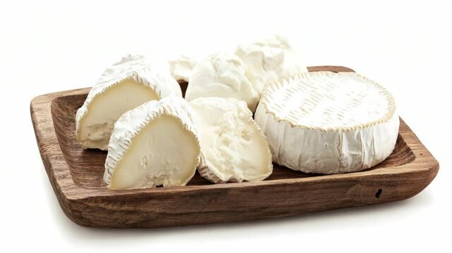 Slices of brie cheese on wooden board.