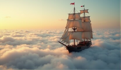 Majestic sailing ship traversing a cloud ocean during golden hour, creating a surreal and dreamy seascape., ultra detailed, 8k resolution, HDR, professional