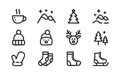 Winter Icons Collection black and white line art