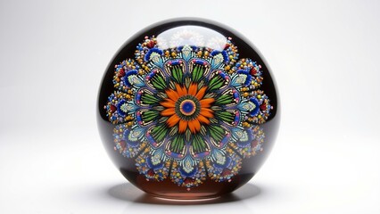 A polished glass paperweight showcasing an intricate, magnified millefiori pattern under bright studio lights. Sharp detail & focus., ultra detailed, 8k resolution, HDR, professional