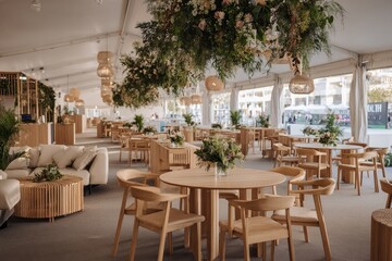 Fototapeta premium Spacious, light-filled tent with wooden furniture and floral accents
