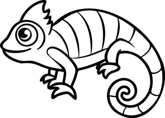 Fototapeta premium Chameleon line art drawing with curled tail and spiral eye design, showing reptile shape with distinct claws and body stripes in black outline