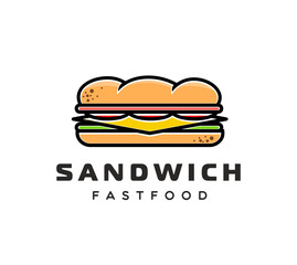Sandwich icon, fast food meal or snack symbol. Takeout cafe american sandwich vector emblem, fast food delicious meal symbol. Street food menu tasty snack with salad, cheese and meat icon