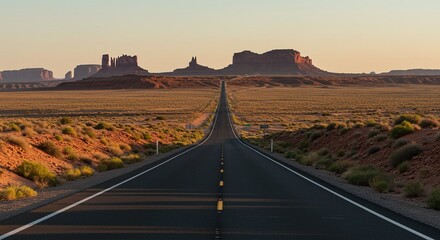 Long Empty Desert Road Leading to Iconic Scenic Rock Formations at Sunset