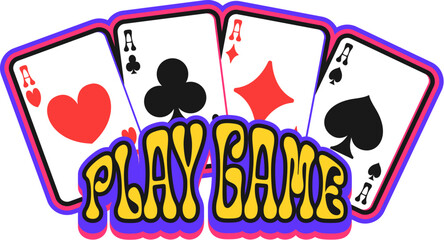 Casino playing card four aces Y2K groovy sticker. Casino fortune Y2K vector label, poker game jackpot 60s tag. Vegas luck sticker with playing card ace of spades, heart, diamond and club suits