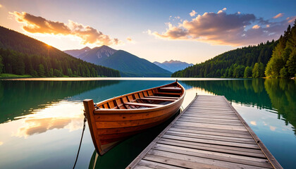 Obraz premium Boat and Dock at Mountain Lake: A serene mountain lake scene at sunset with a wooden boat docked at a pier, reflecting the stunning sky and forested mountain range.