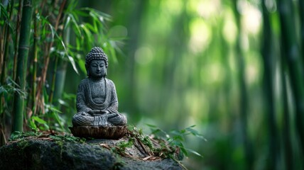 Serene buddha statue amidst lush bamboo grove. Neural network AI generated