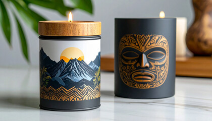 Decorative Candles: Two beautifully crafted candles, one adorned with a nature scene, the other with a tribal mask, each casting a warm, inviting glow that sparks imagination and enhances ambiance.