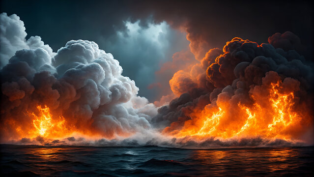 Dramatic ocean fire and clouds wallpaper background hd stock photo free use