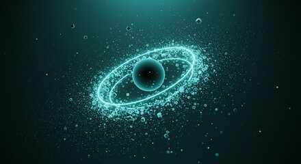 Obraz premium Futuristic Atomic Model Illustration with Glowing Orbiting Particles in Dark Space Background